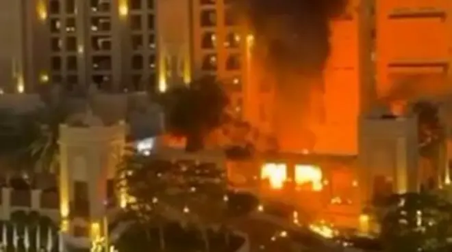 A fire rages at a hotel in Dubai.