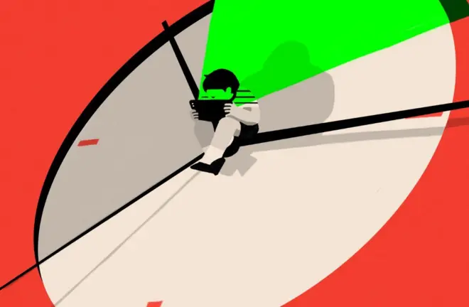 تصویرسازی یک کودک نشسته و صفحه نمایشگری در دست دارد روی عقربه ساعت