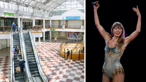 Composite image showing the interior of Whitgift Shopping Centre on the left with people going up an escalator alongside an image of Taylor Swift performing 