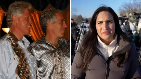 Bill Clinton and Jeffrey Epstein are on the left and Nada Tawfik is on the right.